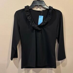 J. McLaughlin Black Ruffle Neck Blouse